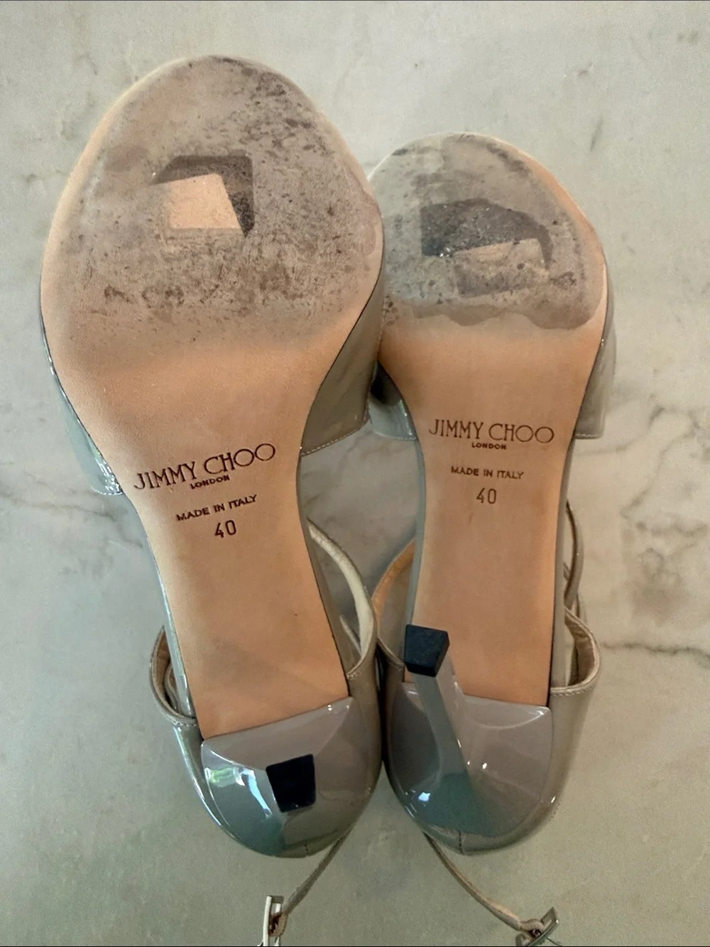 Jimmy Choo Light Grey Patent Leather Strappy Heels